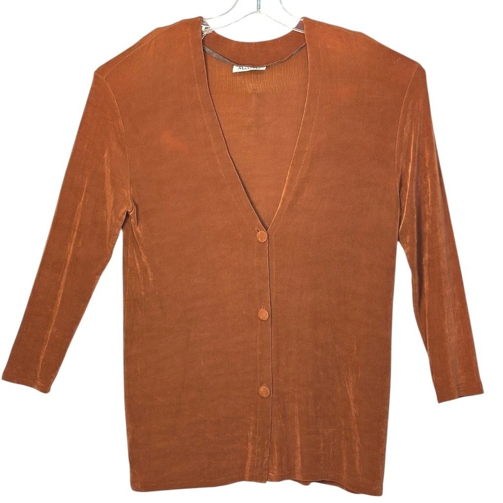 MaxiMa Cardigan Women Rust Slinky Liquid Knit Button Front USA Versatile Chic  L